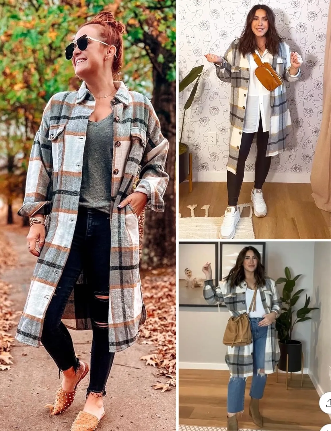 Himosyber Women's Casual Plaid Lapel Woolen Button Up Pocketed Long Shacket Coat