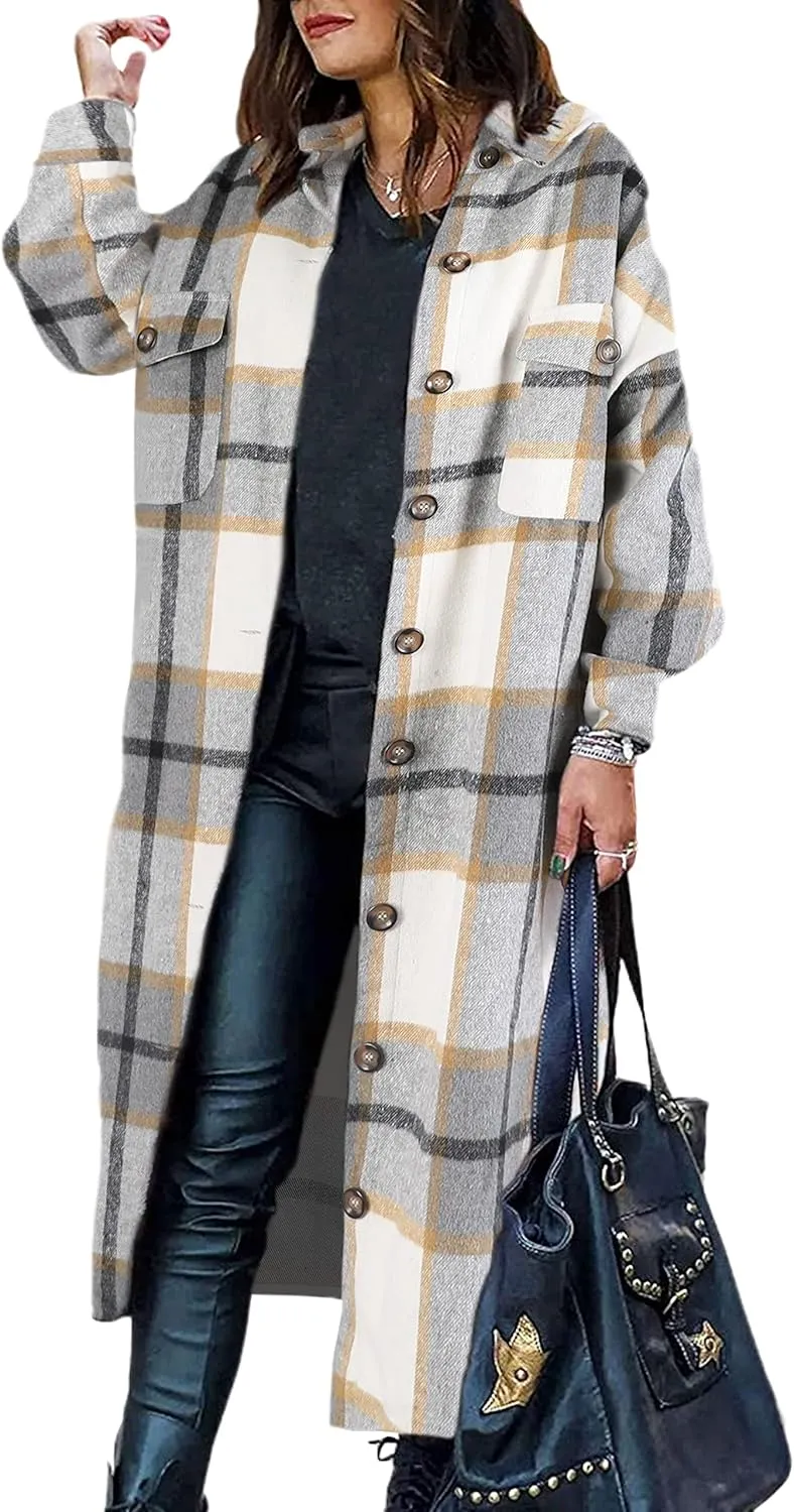 Himosyber Women's Casual Plaid Lapel Woolen Button Up Pocketed Long Shacket Coat