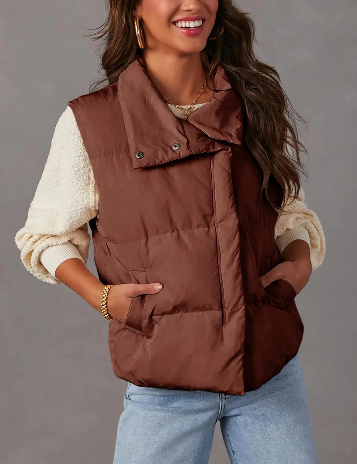 Himosyber Womens Puffer Vest Sleeveless Casual Loose Winter Warm Lightweight Stand Collar Down Jacket Coats