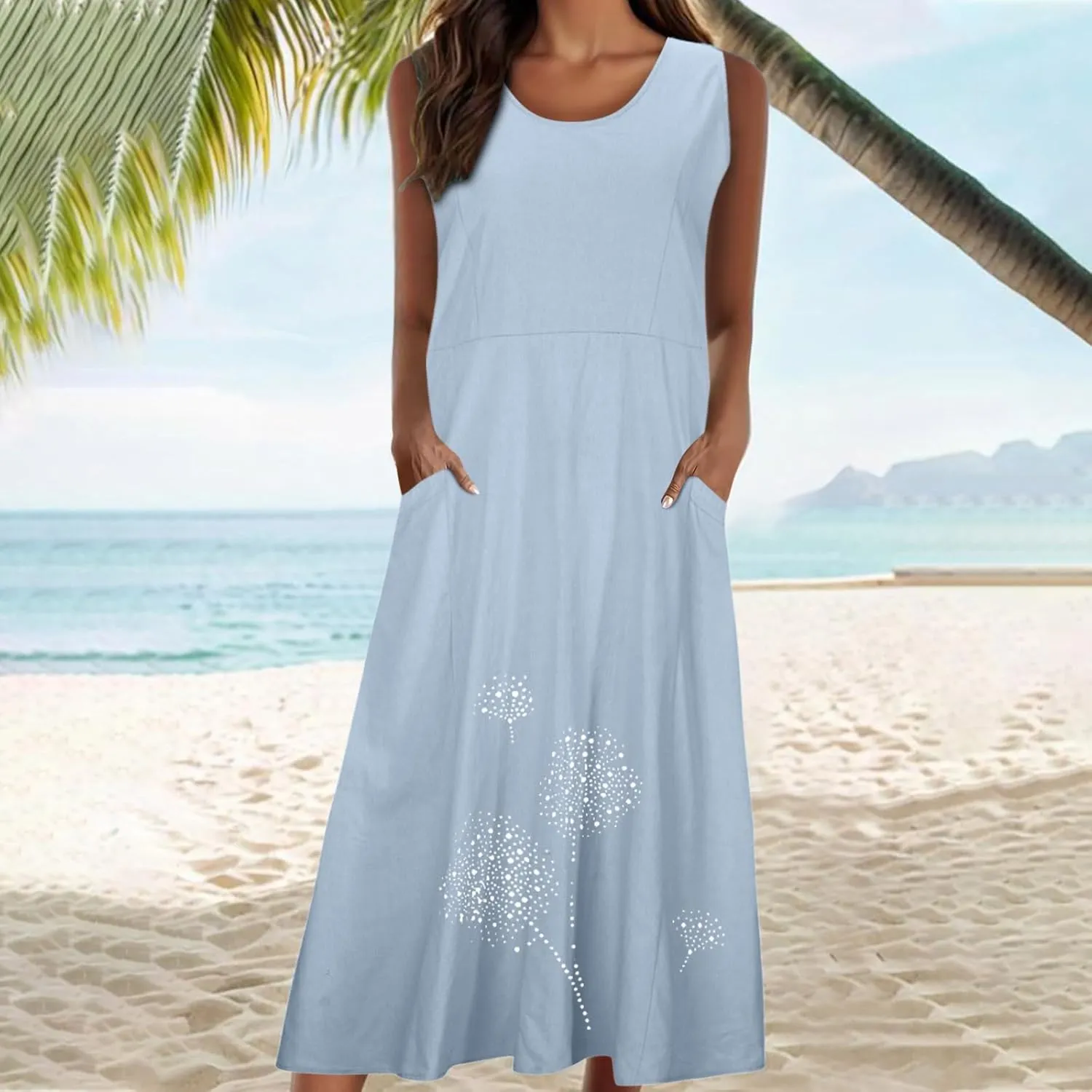 hlysgo Summer Dresses for Women 2024 Vacation Trendy Cotton Linen Beach Sundress with Pockets Casual Sleeveless Flowy Dress