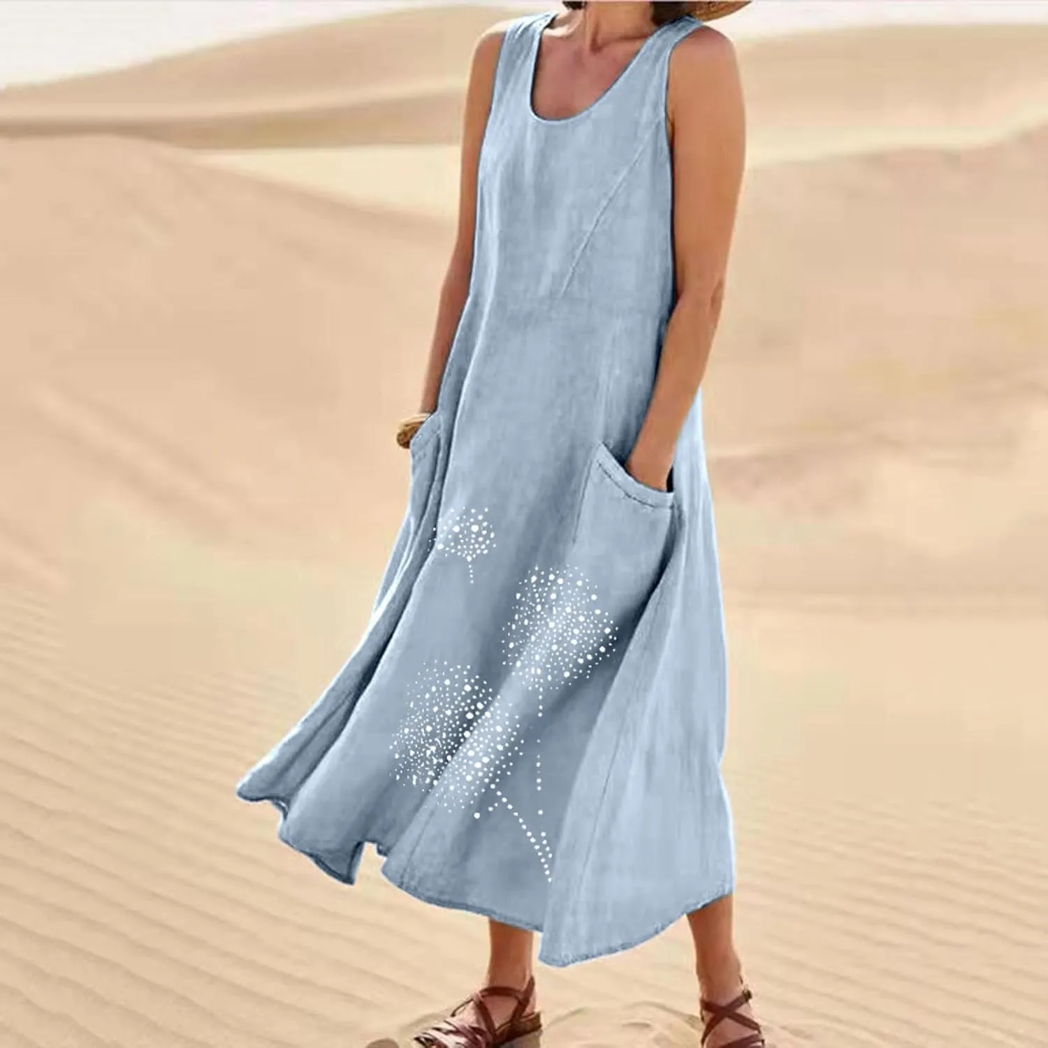 hlysgo Summer Dresses for Women 2024 Vacation Trendy Cotton Linen Beach Sundress with Pockets Casual Sleeveless Flowy Dress