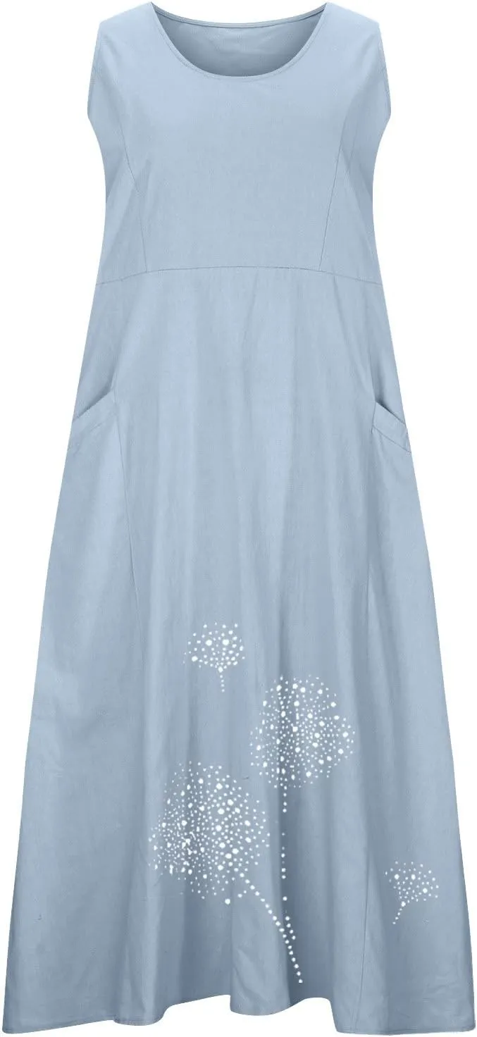 hlysgo Summer Dresses for Women 2024 Vacation Trendy Cotton Linen Beach Sundress with Pockets Casual Sleeveless Flowy Dress