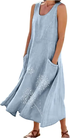 hlysgo Summer Dresses for Women 2024 Vacation Trendy Cotton Linen Beach Sundress with Pockets Casual Sleeveless Flowy Dress
