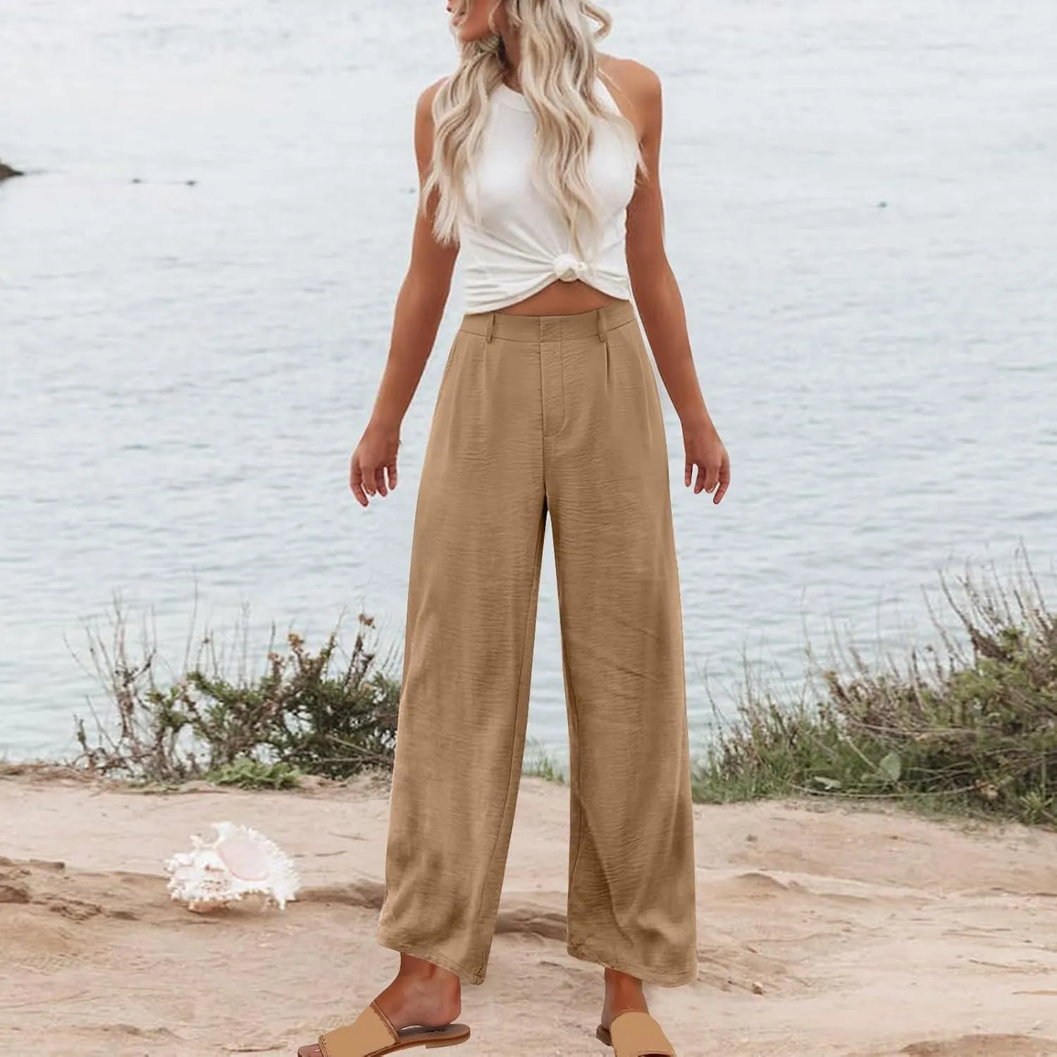 hlysgo Women's Palazzo Pants 2025 Summer Casual Vacation High Waist Wide Leg Beach Trousers Trendy Lounge Pants with Pockets