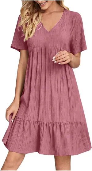 hlysgo Womens Summer V Neck Dress 2024 Casual Short Sleeve Bohemian Mini Dress Flowy Ruffle A Line Beach Sundress