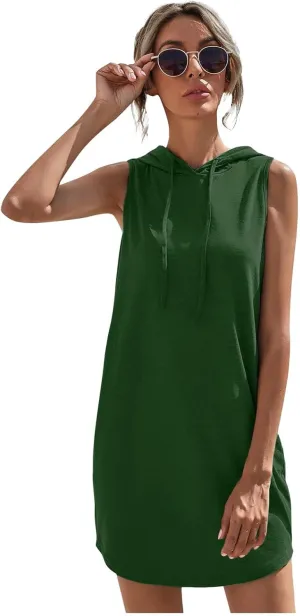 Hoodie Dress for Women Summer Drawstring Sleeveless Sweatshirt Dress Athleisure Hooded Tank Mini Dresses 2025