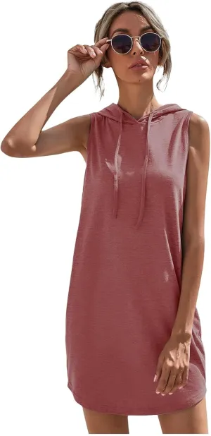 Hoodie Dress for Women Summer Drawstring Sleeveless Sweatshirt Dress Athleisure Hooded Tank Mini Dresses 2025