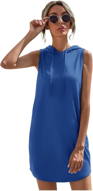 Hoodie Dress for Women Summer Drawstring Sleeveless Sweatshirt Dress Athleisure Hooded Tank Mini Dresses 2025