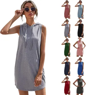 Hoodie Dress for Women Summer Drawstring Sleeveless Sweatshirt Dress Athleisure Hooded Tank Mini Dresses 2025