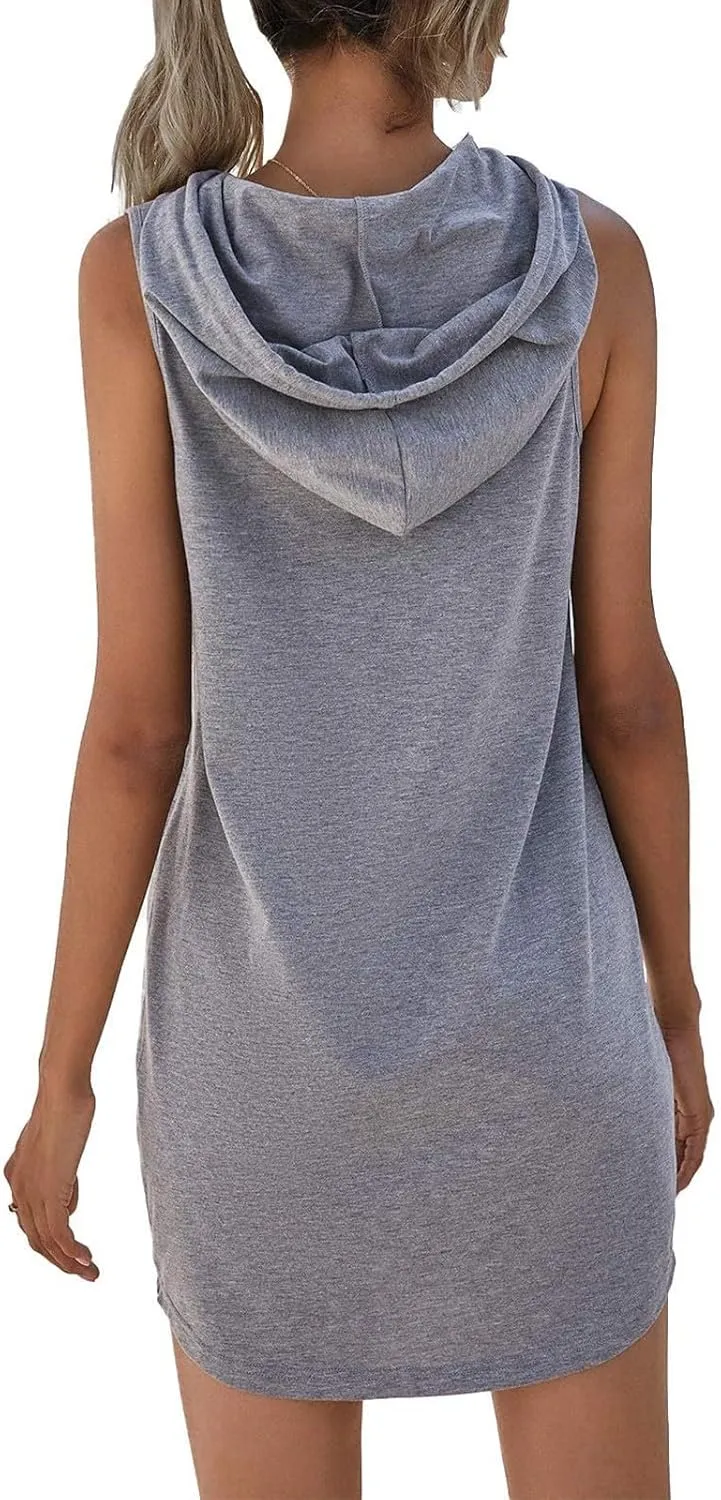 Hoodie Dress for Women Summer Drawstring Sleeveless Sweatshirt Dress Athleisure Hooded Tank Mini Dresses 2025