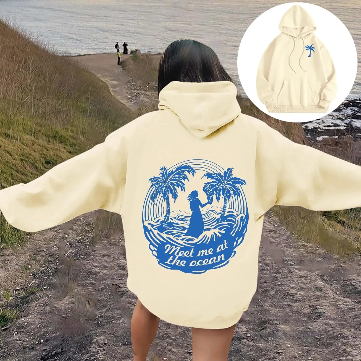Hoodie for Women Meet Me at The Ocean Oversized Preppy Graphic Sweatshirt Teen Girls Cute Y2K Casual Pullover Tops