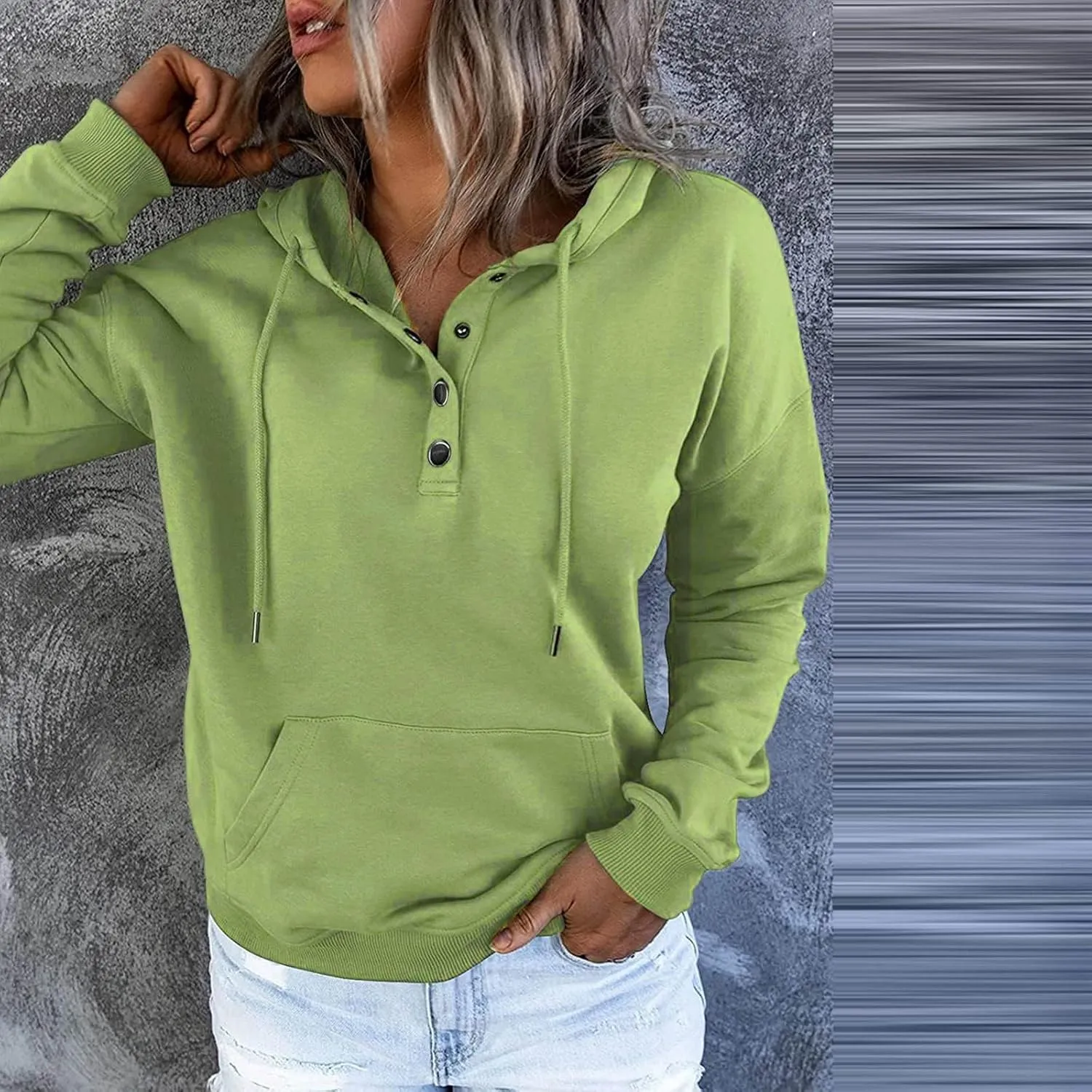 Hoodies for Women Button Collar Drawstring Lightweight Hooded Sweatshirt Casual Long Sleeve Pullover Tops Trendy Fall Clothes