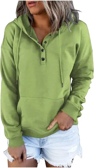 Hoodies for Women Button Collar Drawstring Lightweight Hooded Sweatshirt Casual Long Sleeve Pullover Tops Trendy Fall Clothes