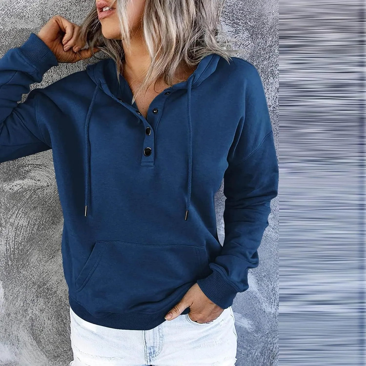 Hoodies for Women Button Collar Drawstring Lightweight Hooded Sweatshirt Casual Long Sleeve Pullover Tops Trendy Fall Clothes