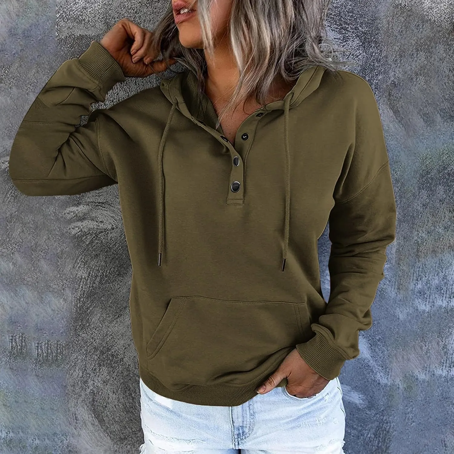 Hoodies for Women Button Collar Drawstring Lightweight Hooded Sweatshirt Casual Long Sleeve Pullover Tops Trendy Fall Clothes