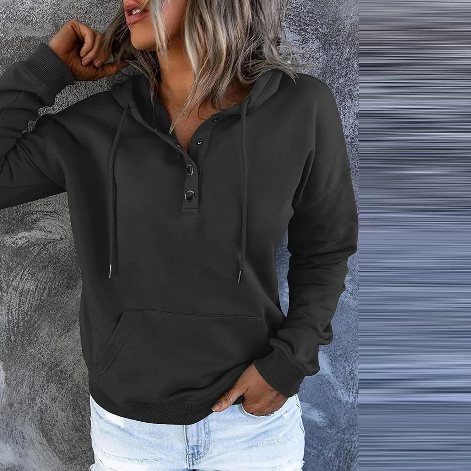 Hoodies for Women Button Collar Drawstring Lightweight Hooded Sweatshirt Casual Long Sleeve Pullover Tops Trendy Fall Clothes