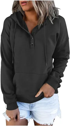 Hoodies for Women Button Collar Drawstring Lightweight Hooded Sweatshirt Casual Long Sleeve Pullover Tops Trendy Fall Clothes