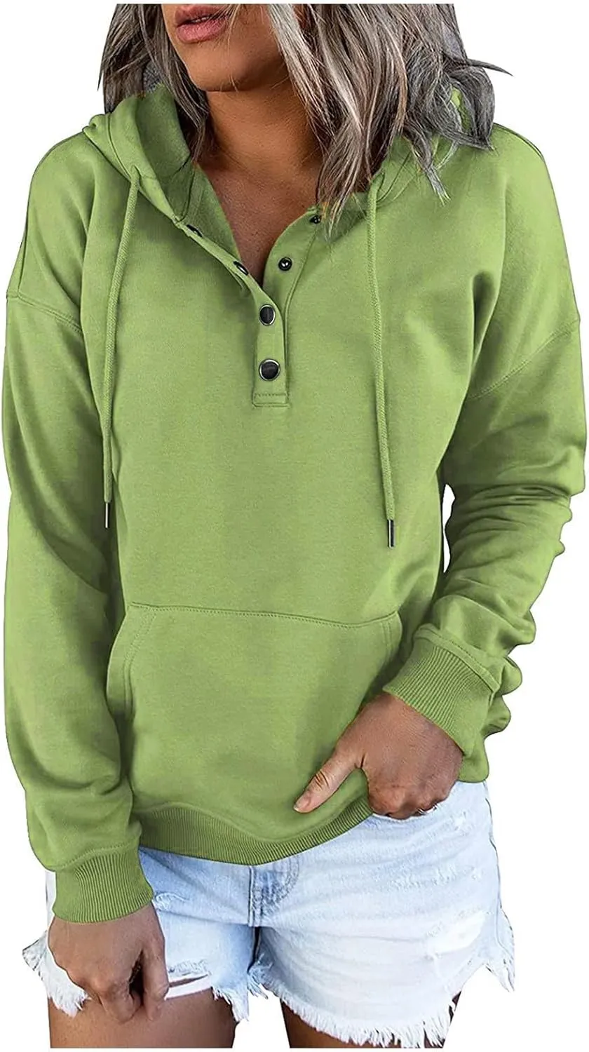 Hoodies for Women Button Collar Drawstring Lightweight Hooded Sweatshirt Casual Long Sleeve Pullover Tops Trendy Fall Clothes