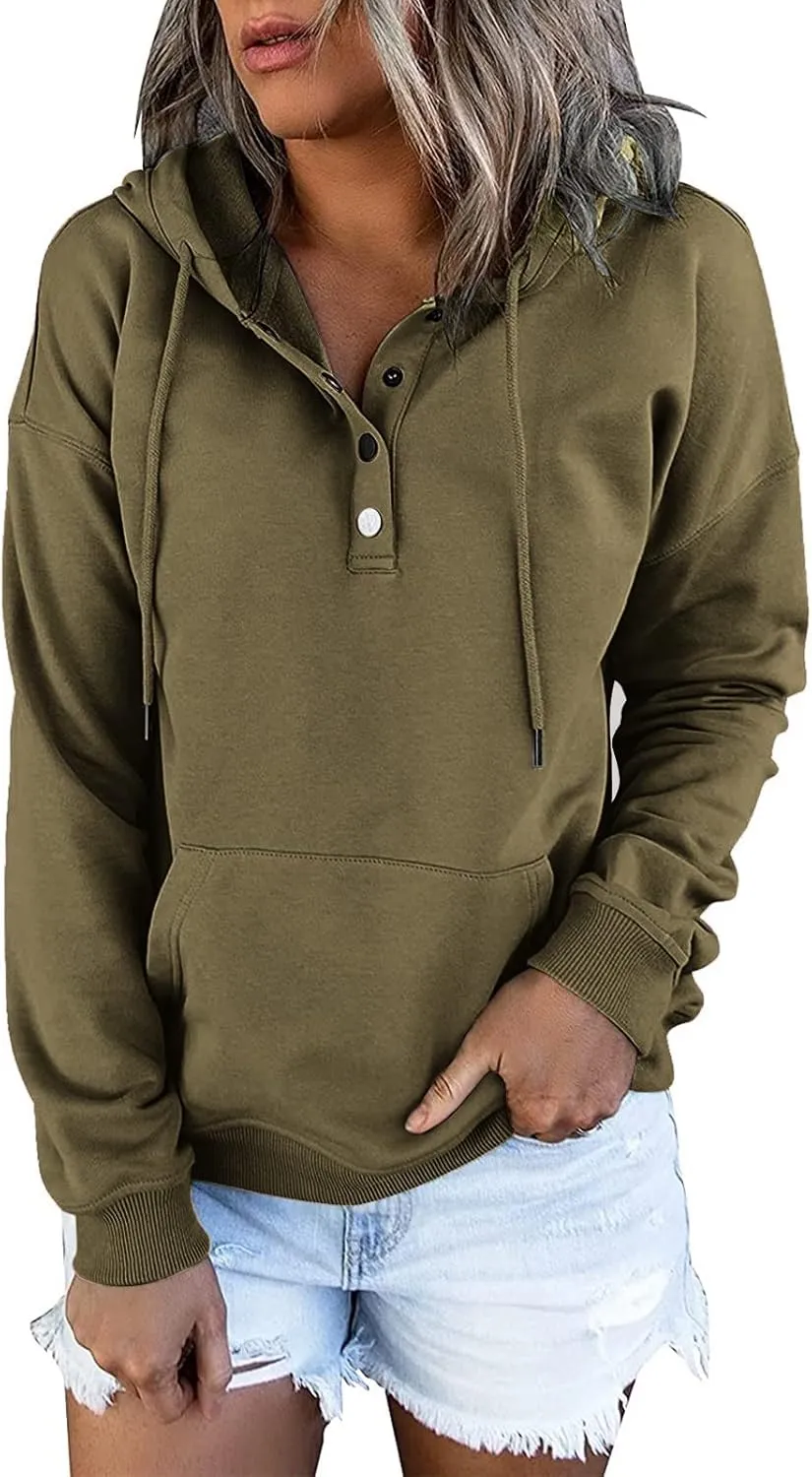 Hoodies for Women Button Collar Drawstring Lightweight Hooded Sweatshirt Casual Long Sleeve Pullover Tops Trendy Fall Clothes