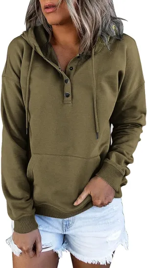 Hoodies for Women Button Collar Drawstring Lightweight Hooded Sweatshirt Casual Long Sleeve Pullover Tops Trendy Fall Clothes