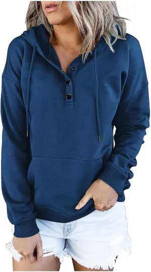 Hoodies for Women Button Collar Drawstring Lightweight Hooded Sweatshirt Casual Long Sleeve Pullover Tops Trendy Fall Clothes