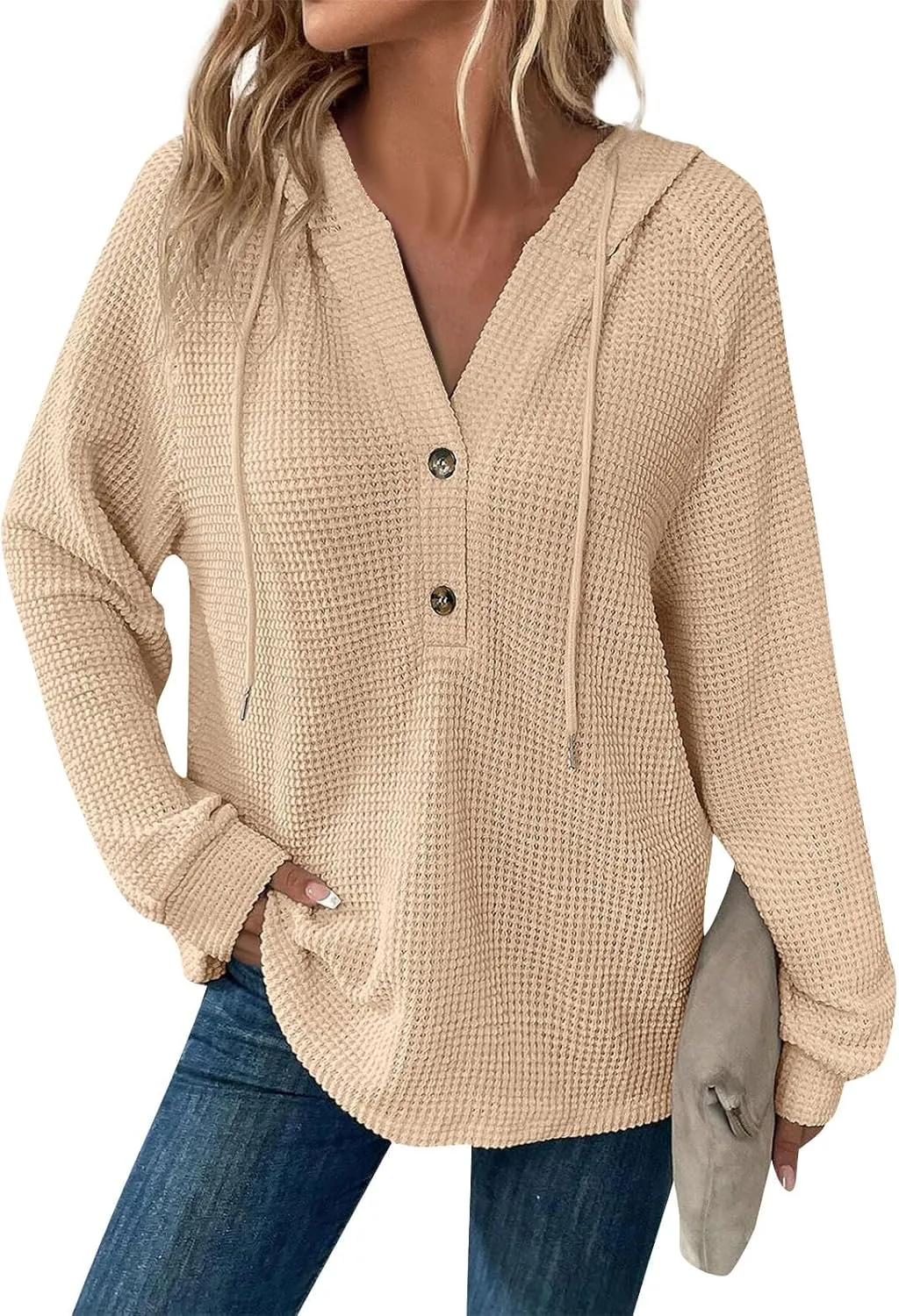 Hoodies for Women Waffle Knit Drawstring Button V Neck Long Sleeve Casual Pullover Sweatshirt Hooded Tops Oversized