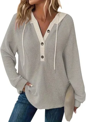 Hoodies for Women Waffle Knit Long Sleeve Drawstring Button V Neck Casual Pullover Sweatshirt Oversized Shirts Y2k Top