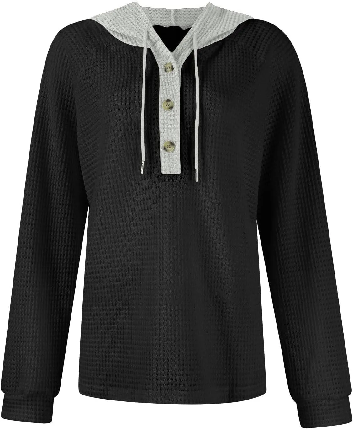Hoodies for Women Waffle Knit Long Sleeve Drawstring Button V Neck Casual Pullover Sweatshirt Oversized Shirts Y2k Top