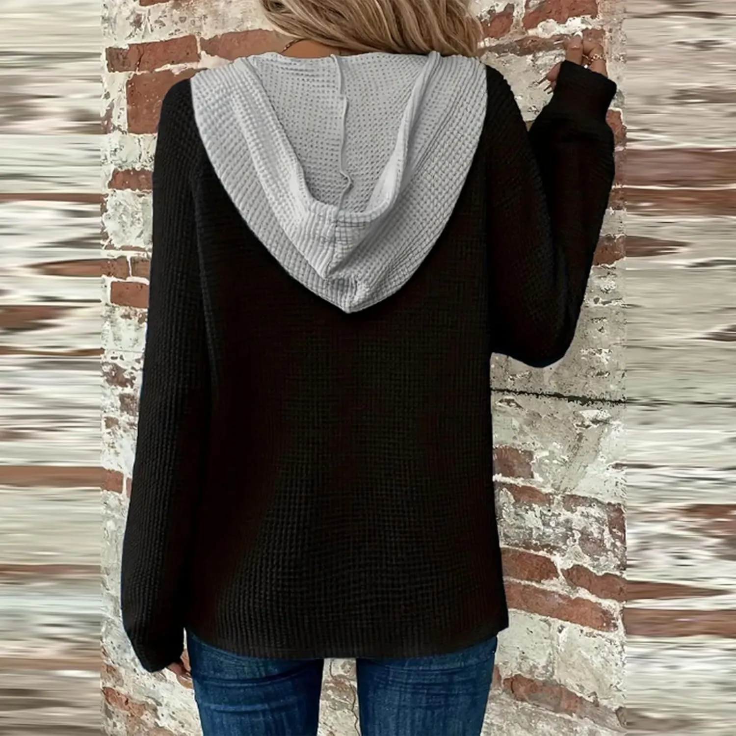 Hoodies for Women Waffle Knit Long Sleeve Drawstring Button V Neck Casual Pullover Sweatshirt Oversized Shirts Y2k Top