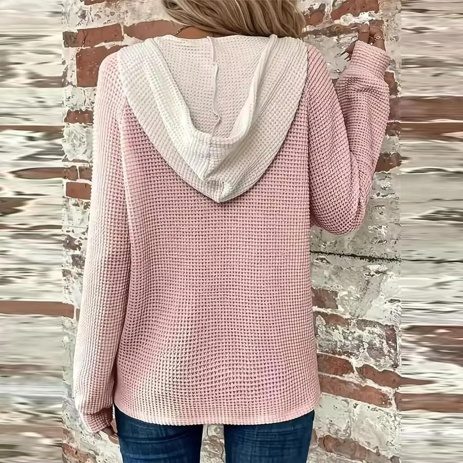 Hoodies for Women Waffle Knit Long Sleeve Drawstring Button V Neck Casual Pullover Sweatshirt Oversized Shirts Y2k Top