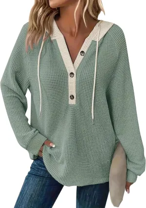 Hoodies for Women Waffle Knit Long Sleeve Drawstring Button V Neck Casual Pullover Sweatshirt Oversized Shirts Y2k Top