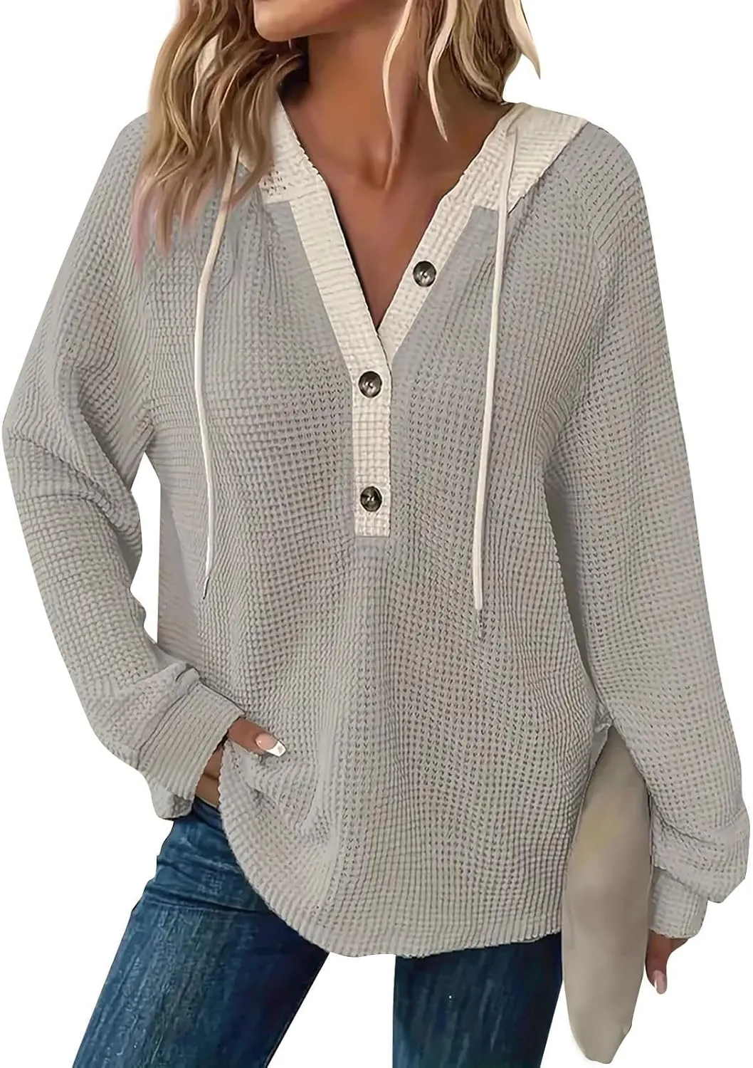 Hoodies for Women Waffle Knit Long Sleeve Drawstring Button V Neck Casual Pullover Sweatshirt Oversized Shirts Y2k Top