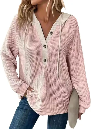 Hoodies for Women Waffle Knit Long Sleeve Drawstring Button V Neck Casual Pullover Sweatshirt Oversized Shirts Y2k Top