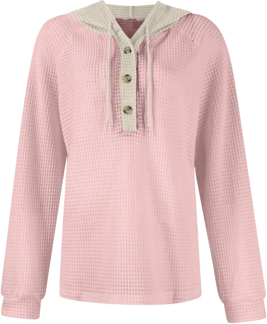 Hoodies for Women Waffle Knit Long Sleeve Drawstring Button V Neck Casual Pullover Sweatshirt Oversized Shirts Y2k Top