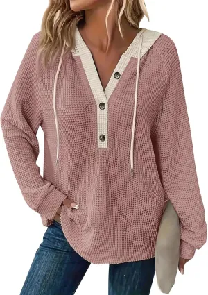 Hoodies for Women Waffle Knit Long Sleeve Drawstring Button V Neck Casual Pullover Sweatshirt Oversized Shirts Y2k Top