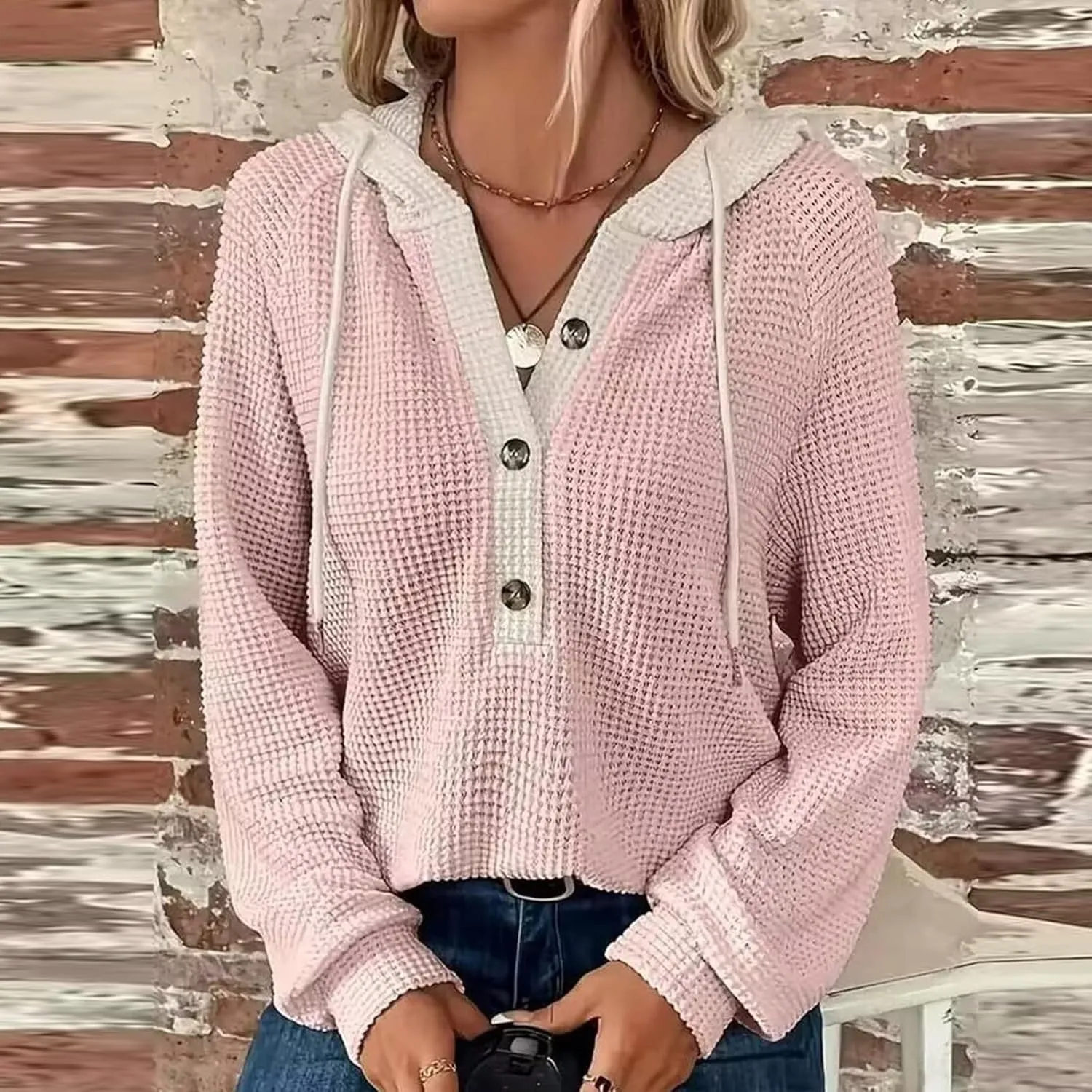 Hoodies for Women Waffle Knit Long Sleeve Drawstring Button V Neck Casual Pullover Sweatshirt Oversized Shirts Y2k Top