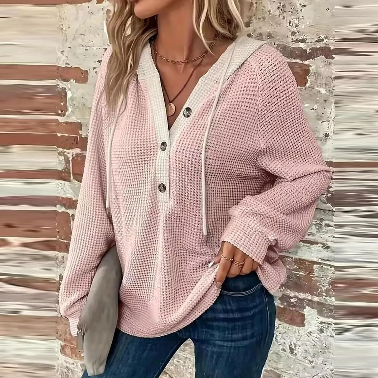 Hoodies for Women Waffle Knit Long Sleeve Drawstring Button V Neck Casual Pullover Sweatshirt Oversized Shirts Y2k Top
