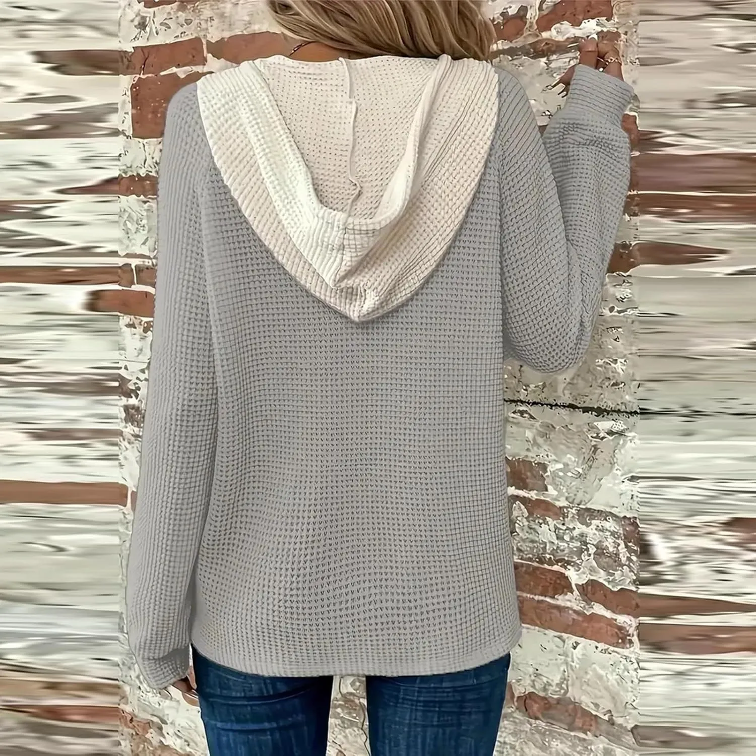 Hoodies for Women Waffle Knit Long Sleeve Drawstring Button V Neck Casual Pullover Sweatshirt Oversized Shirts Y2k Top