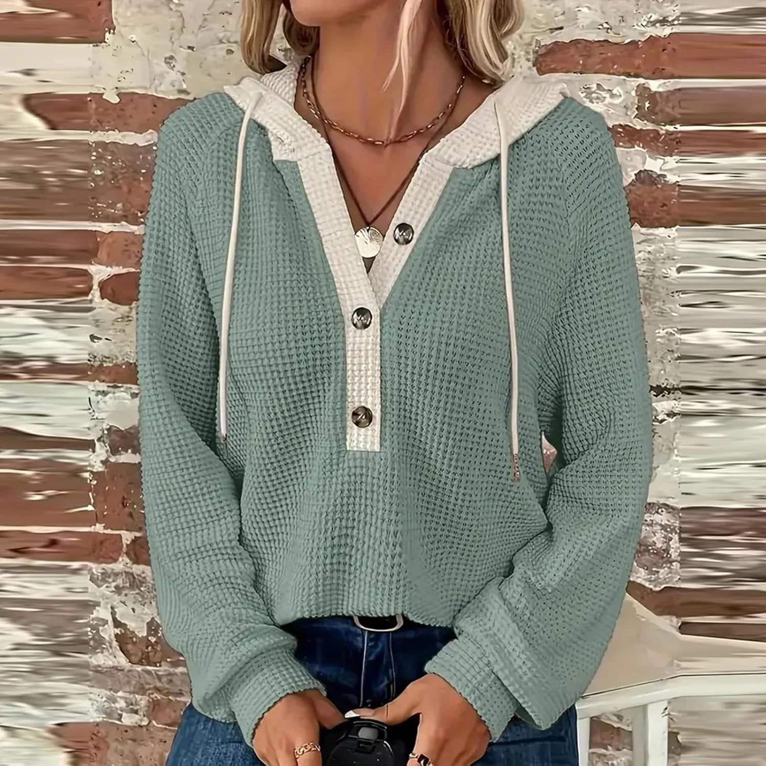 Hoodies for Women Waffle Knit Long Sleeve Drawstring Button V Neck Casual Pullover Sweatshirt Oversized Shirts Y2k Top