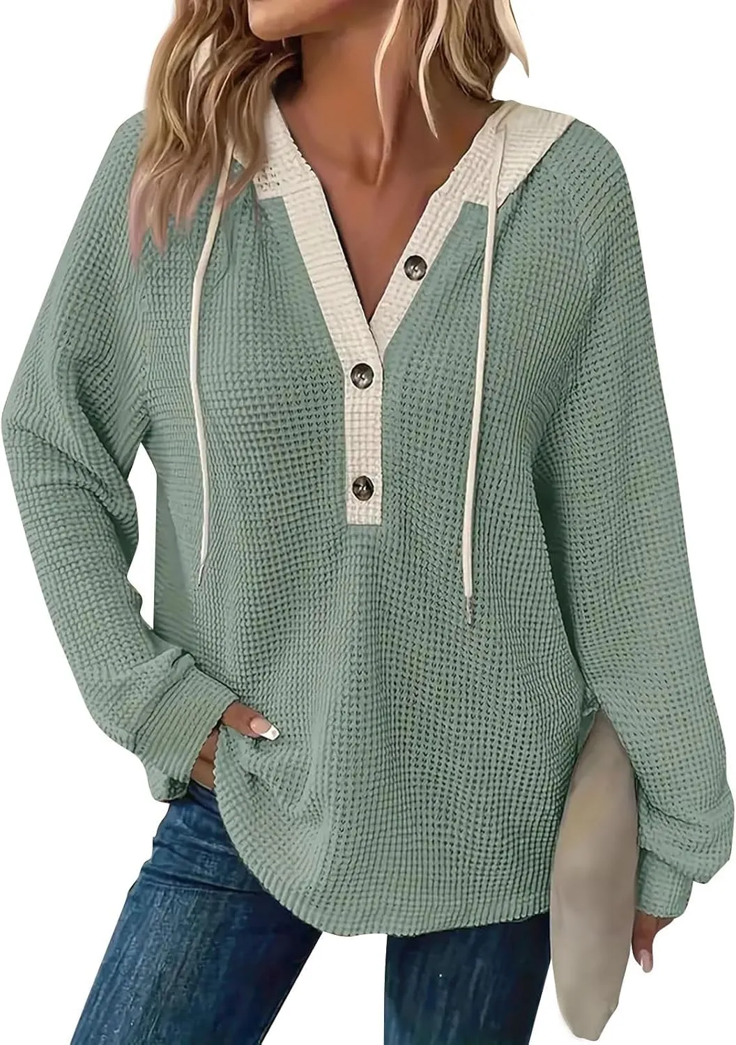 Hoodies for Women Waffle Knit Long Sleeve Drawstring Button V Neck Casual Pullover Sweatshirt Oversized Shirts Y2k Top