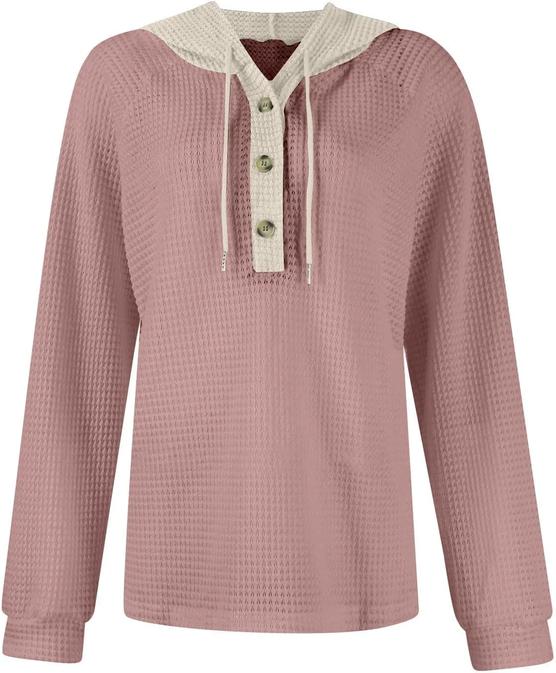 Hoodies for Women Waffle Knit Long Sleeve Drawstring Button V Neck Casual Pullover Sweatshirt Oversized Shirts Y2k Top