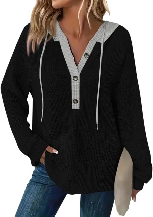 Hoodies for Women Waffle Knit Long Sleeve Drawstring Button V Neck Casual Pullover Sweatshirt Oversized Shirts Y2k Top
