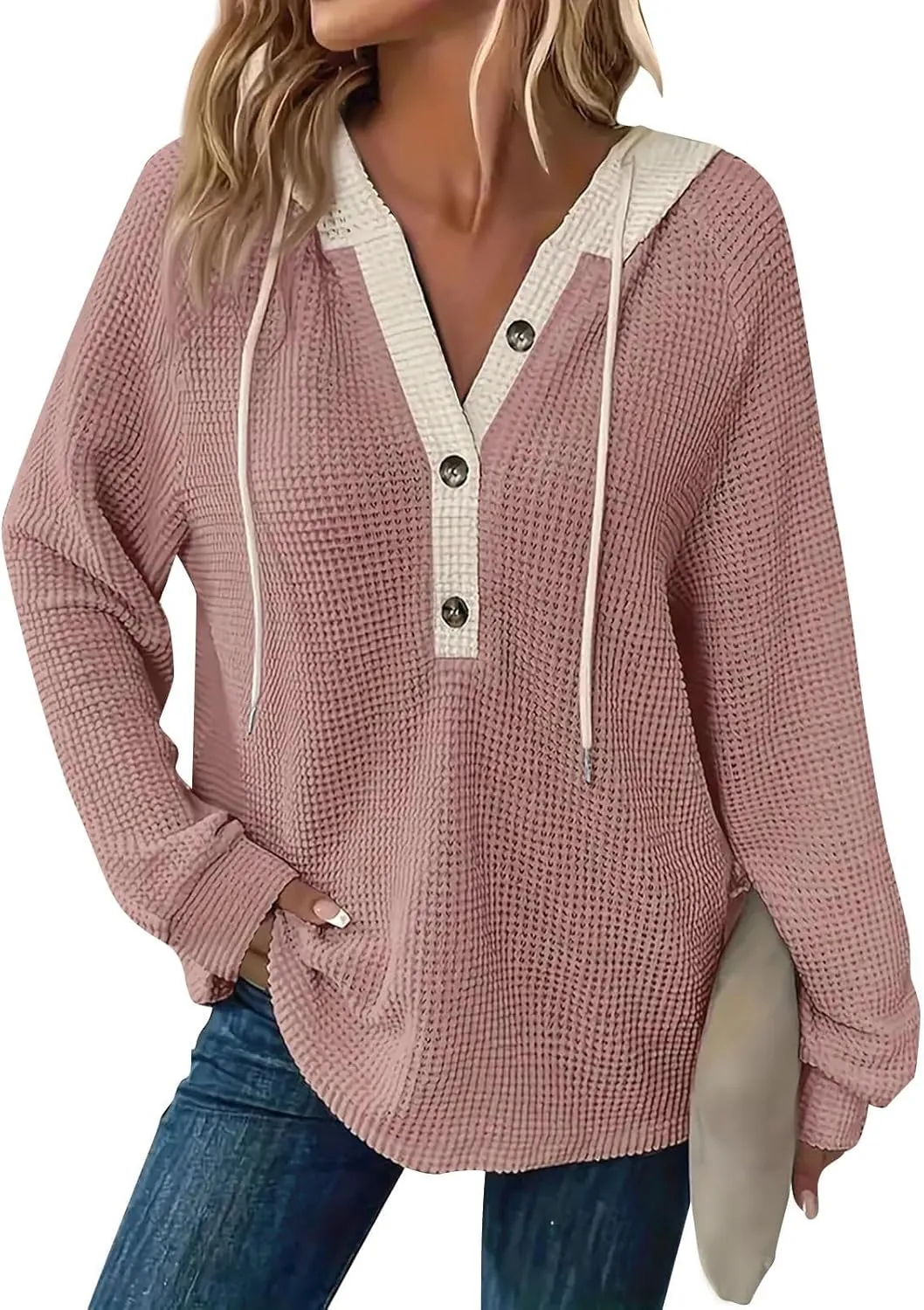 Hoodies for Women Waffle Knit Long Sleeve Drawstring Button V Neck Casual Pullover Sweatshirt Oversized Shirts Y2k Top
