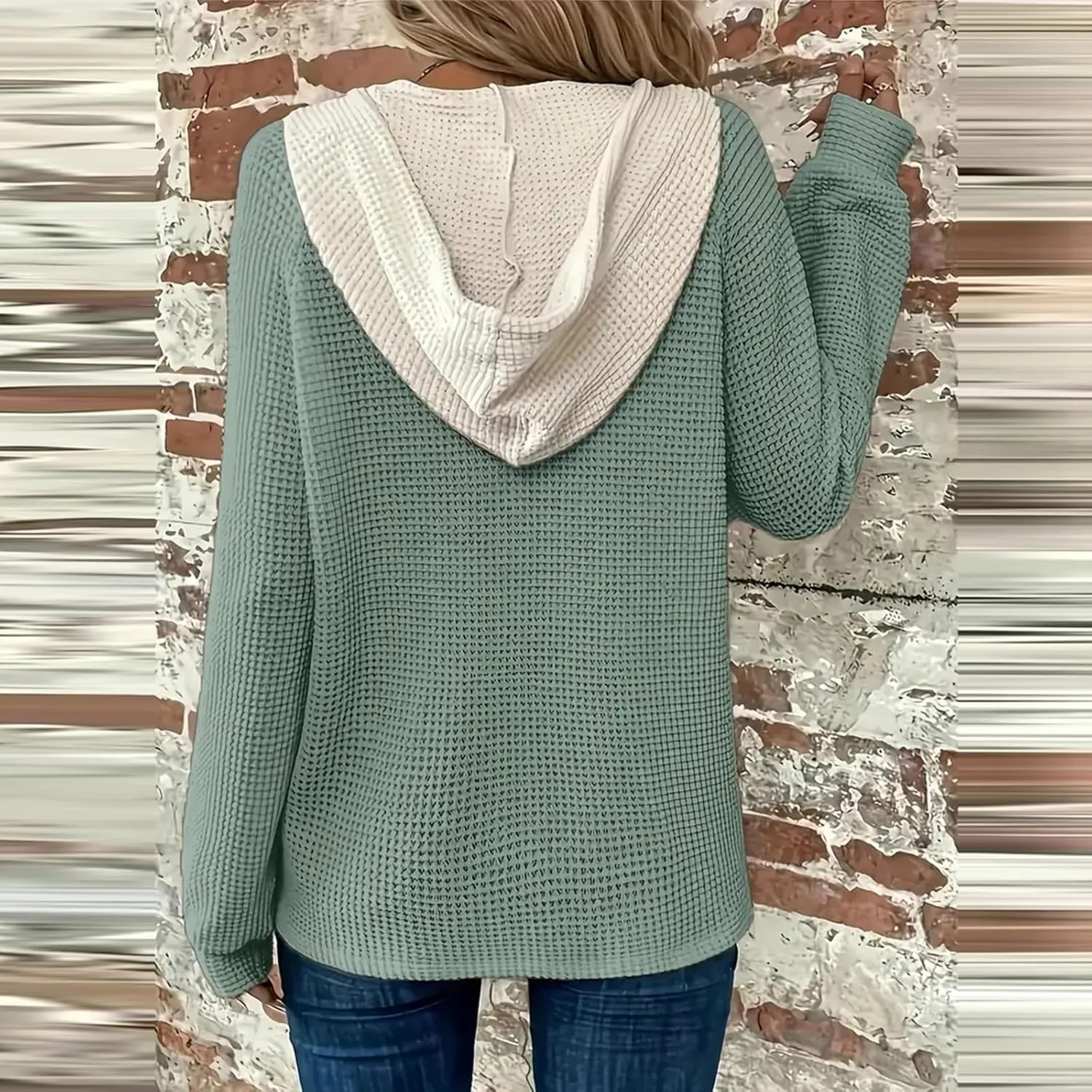 Hoodies for Women Waffle Knit Long Sleeve Drawstring Button V Neck Casual Pullover Sweatshirt Oversized Shirts Y2k Top