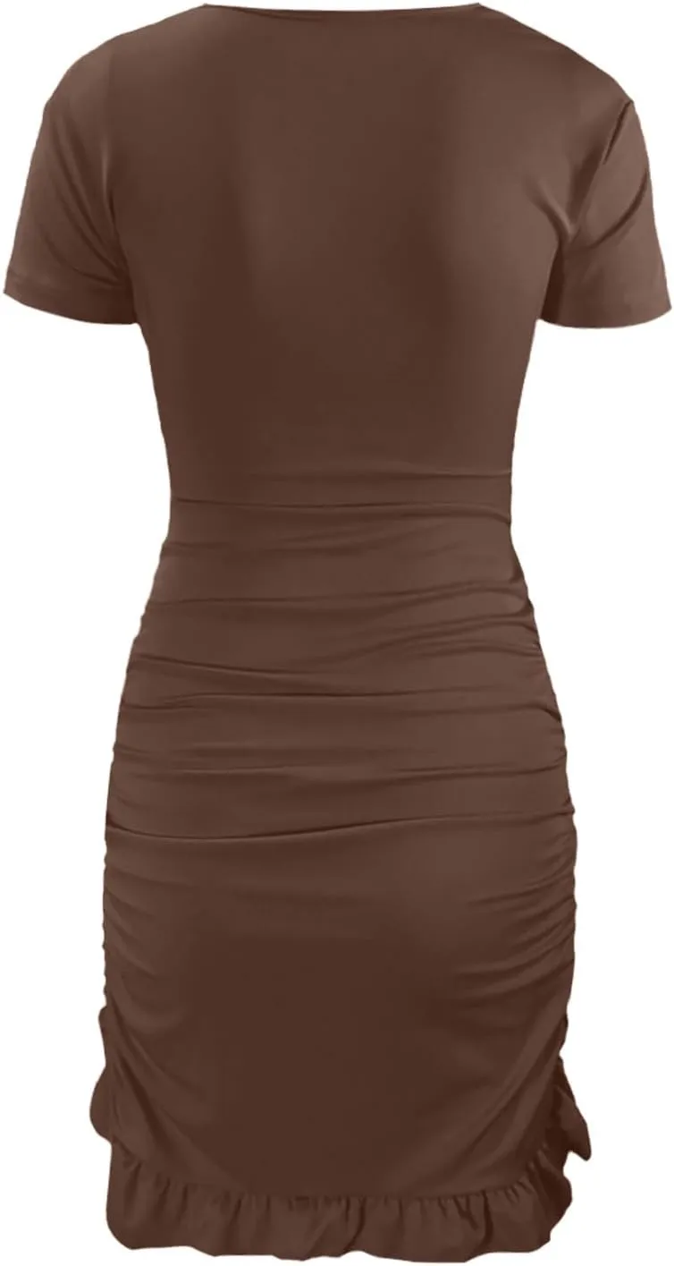 JOAU Women Sexy V Neck Tie Front Cut Out Bodycon Mini Dress Summer Short Sleeve Irregular Ruffle Hem Ruched Wrap Short Dress