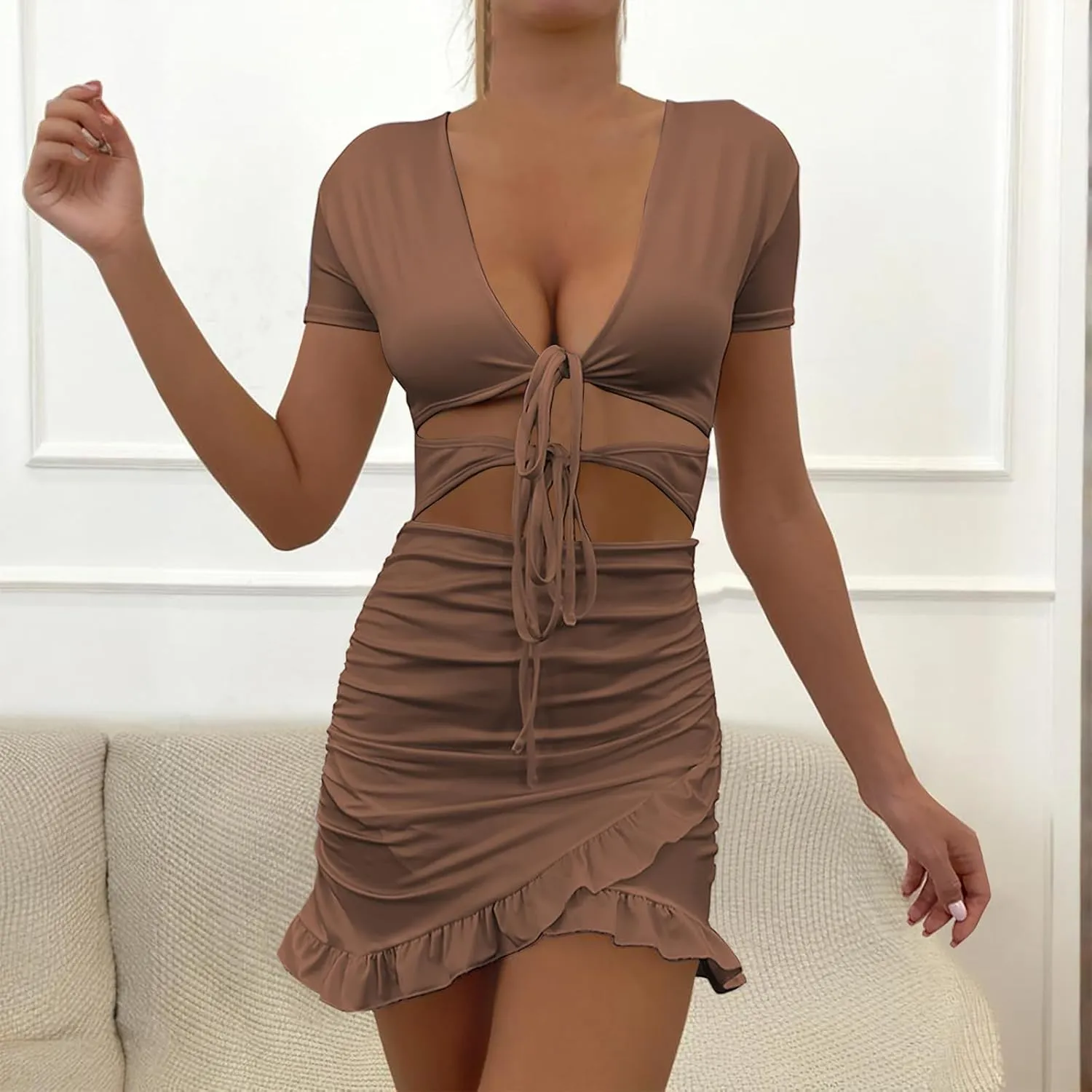 JOAU Women Sexy V Neck Tie Front Cut Out Bodycon Mini Dress Summer Short Sleeve Irregular Ruffle Hem Ruched Wrap Short Dress