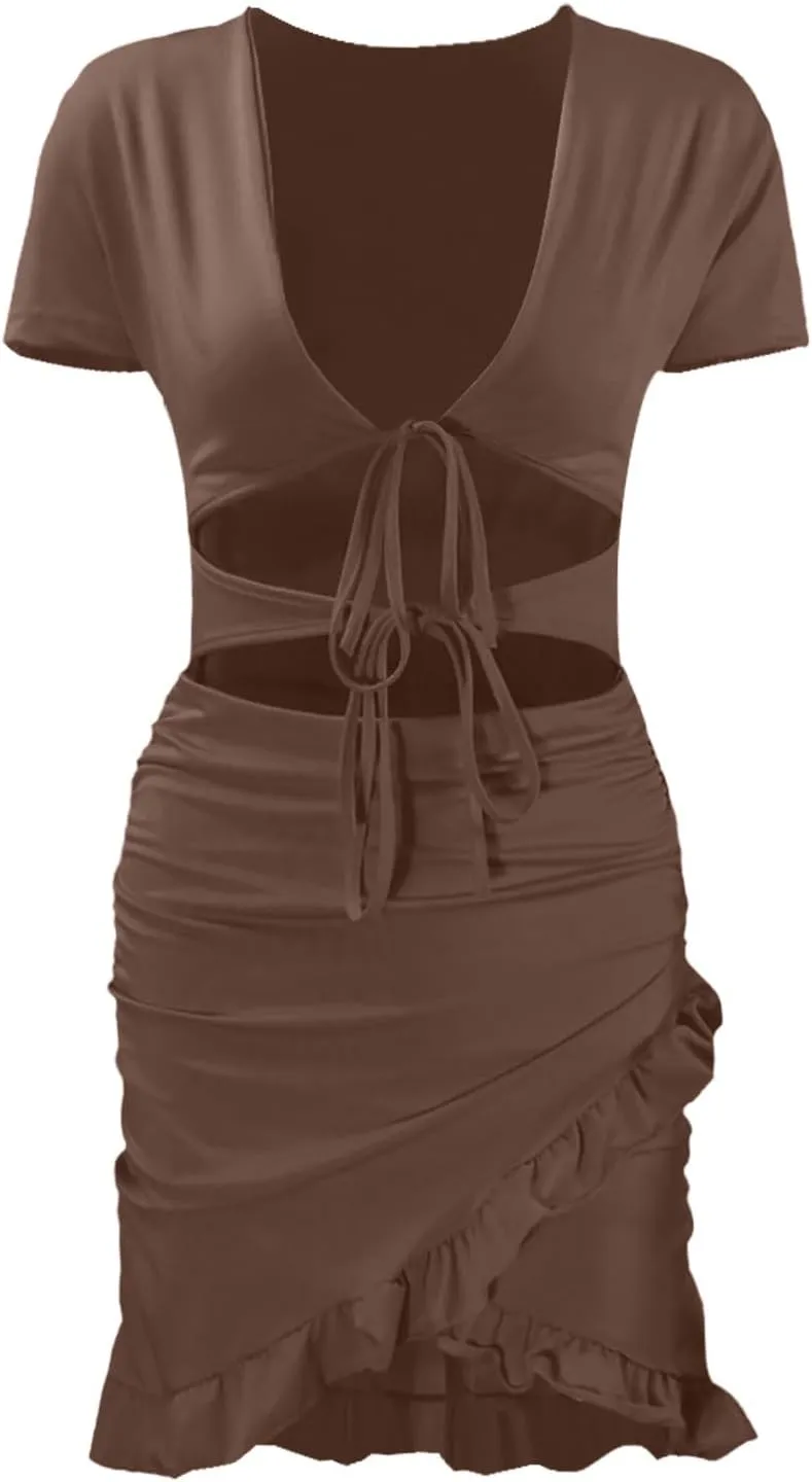 JOAU Women Sexy V Neck Tie Front Cut Out Bodycon Mini Dress Summer Short Sleeve Irregular Ruffle Hem Ruched Wrap Short Dress