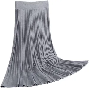 KEHAIOO Women Long Knitted A Line Skirts Autumn Winter Elastic High Waist Pleated Skirt High-Street Midi Skirts