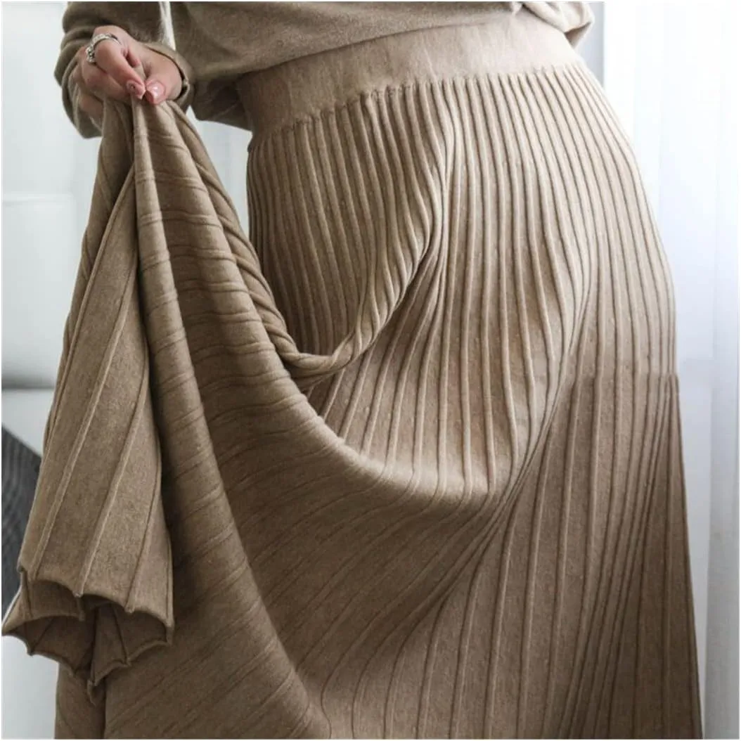 KEHAIOO Women Long Knitted A Line Skirts Autumn Winter Elastic High Waist Pleated Skirt High-Street Midi Skirts