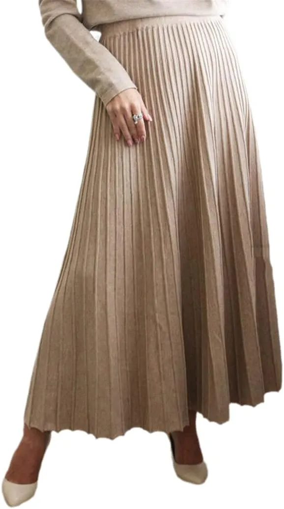 KEHAIOO Women Long Knitted A Line Skirts Autumn Winter Elastic High Waist Pleated Skirt High-Street Midi Skirts